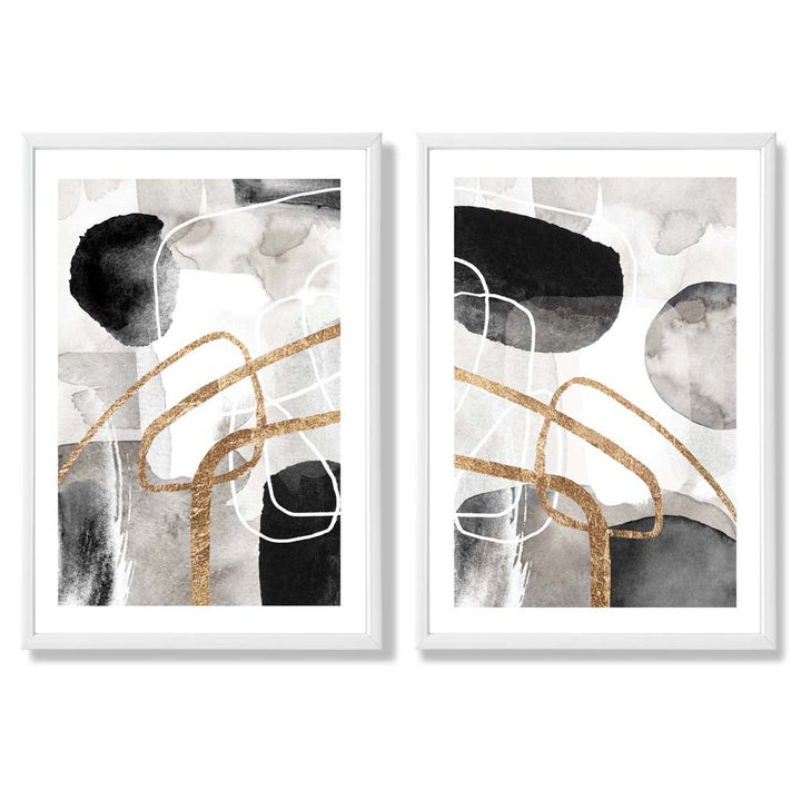 Black and Gold Abstract Shapes Framed Set of 2 Art Prints | Bowlift