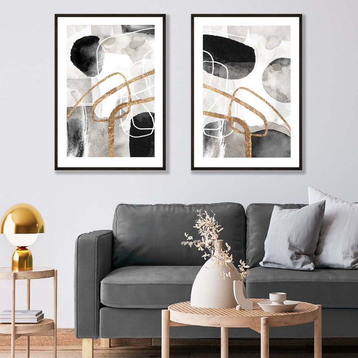Black and Gold Abstract Shapes Set of 2 Art Prints | Bowlift