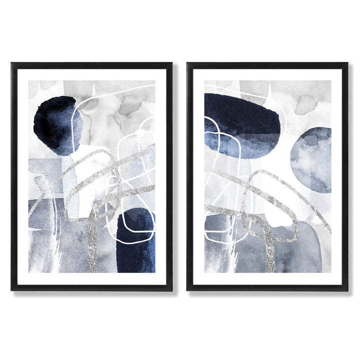 Blue and Silver Abstract Shapes Framed Set of 2 Art Prints | Bowlift