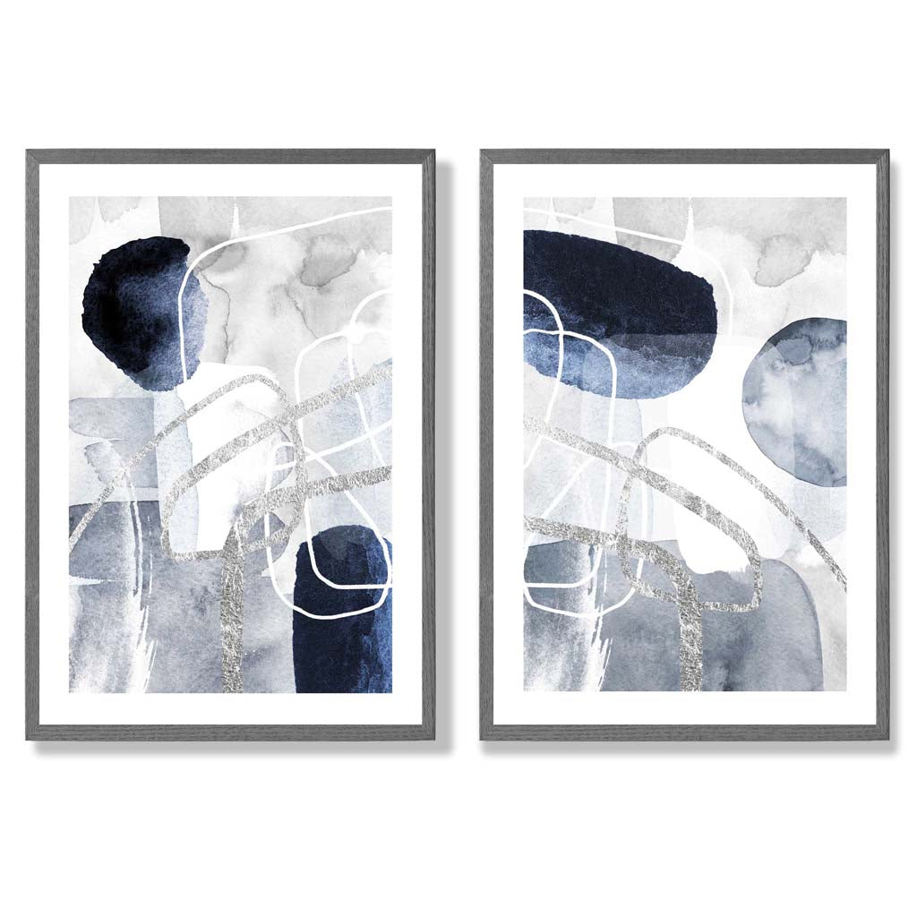 Blue and Silver Abstract Shapes Framed Set of 2 Art Prints | Bowlift