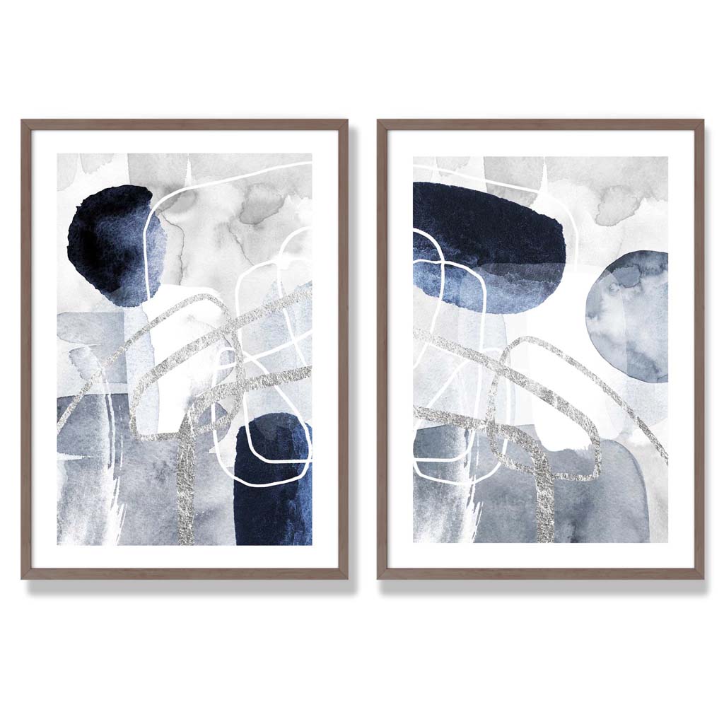 Blue and Silver Abstract Shapes Framed Set of 2 Art Prints | Bowlift