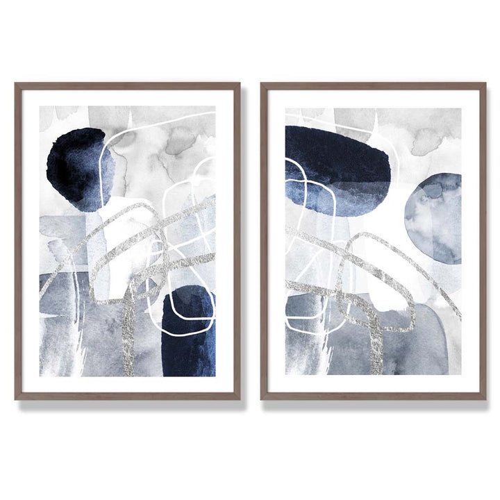 Blue and Silver Abstract Shapes Framed Set of 2 Art Prints | Bowlift