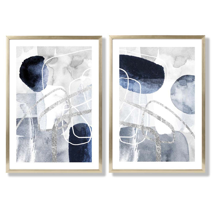 Blue and Silver Abstract Shapes Framed Set of 2 Art Prints | Bowlift