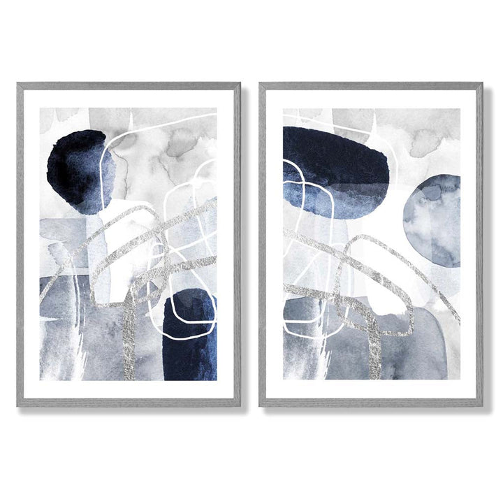 Blue and Silver Abstract Shapes Framed Set of 2 Art Prints | Bowlift
