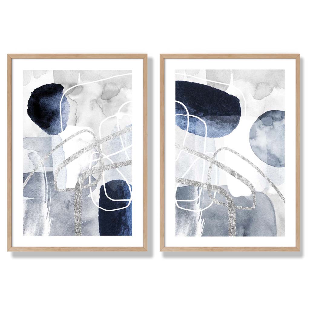 Blue and Silver Abstract Shapes Framed Set of 2 Art Prints | Bowlift