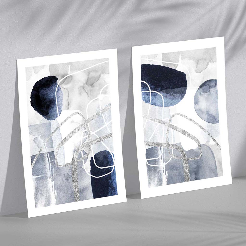 Blue and silver abstract shapes set of 2 art prints | Bowlift