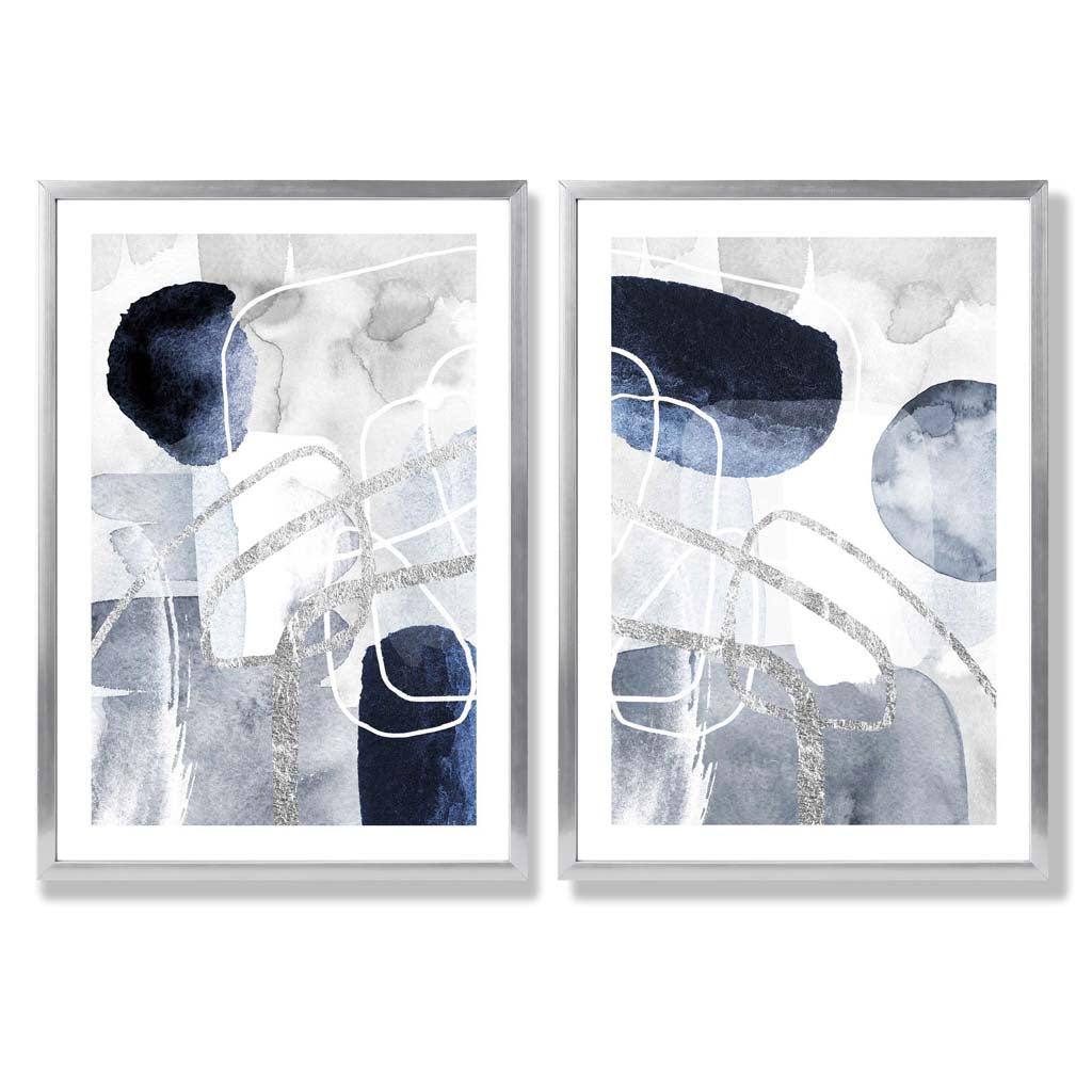 Blue and Silver Abstract Shapes Framed Set of 2 Art Prints | Bowlift
