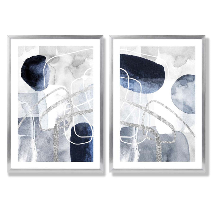 Blue and Silver Abstract Shapes Framed Set of 2 Art Prints | Bowlift