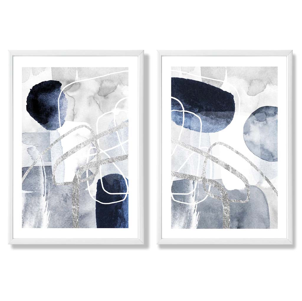 Blue and Silver Abstract Shapes Framed Set of 2 Art Prints | Bowlift