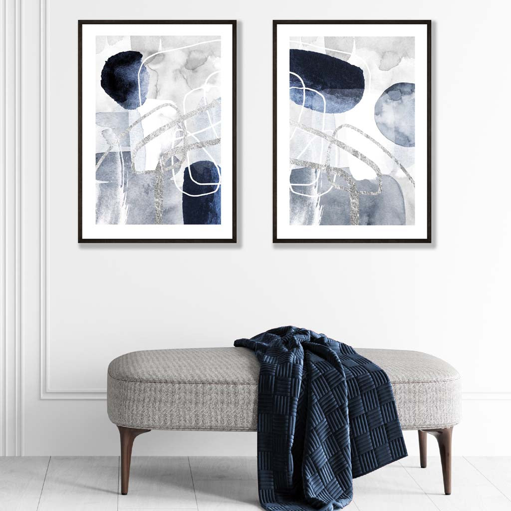 Blue and silver abstract shapes set of 2 art prints | Bowlift