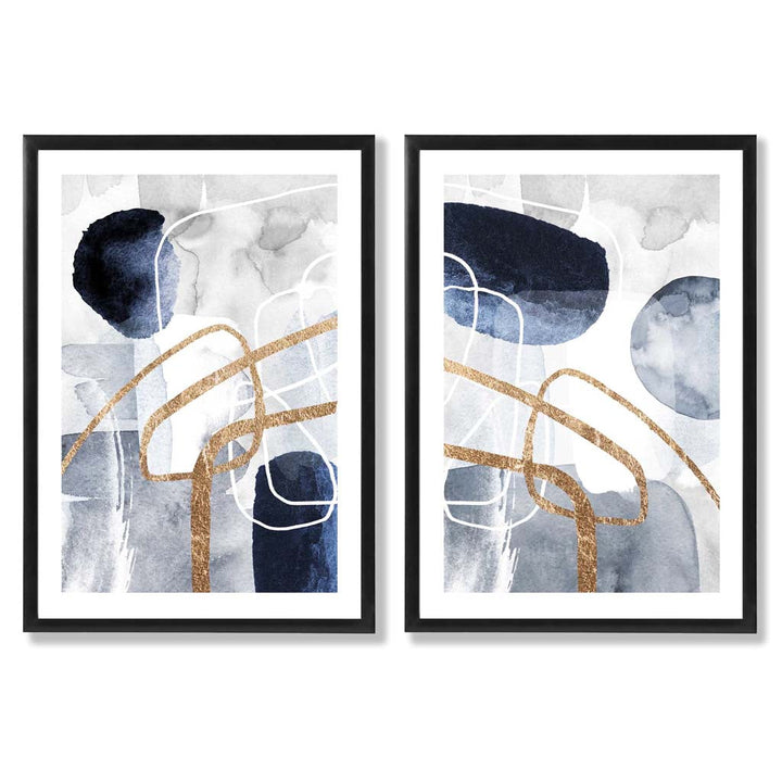 Blue and Gold Abstract Shapes Frame Set of 2 Art Prints | Bowlift