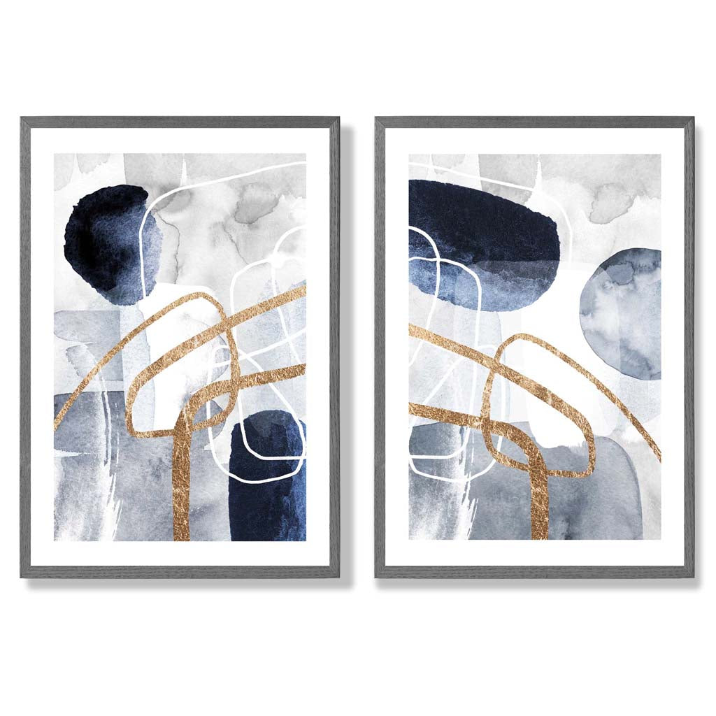 Blue and Gold Abstract Shapes Frame Set of 2 Art Prints | Bowlift