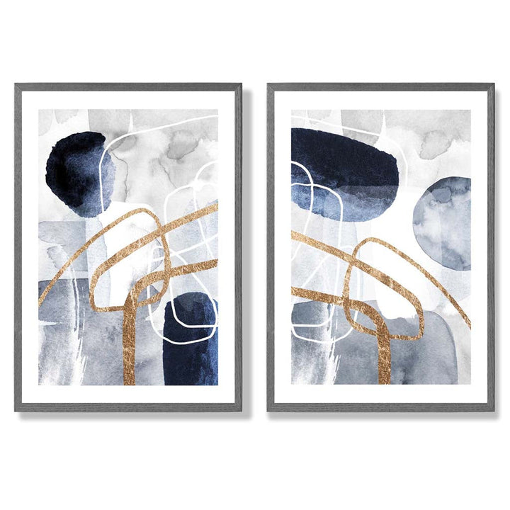 Blue and Gold Abstract Shapes Frame Set of 2 Art Prints | Bowlift