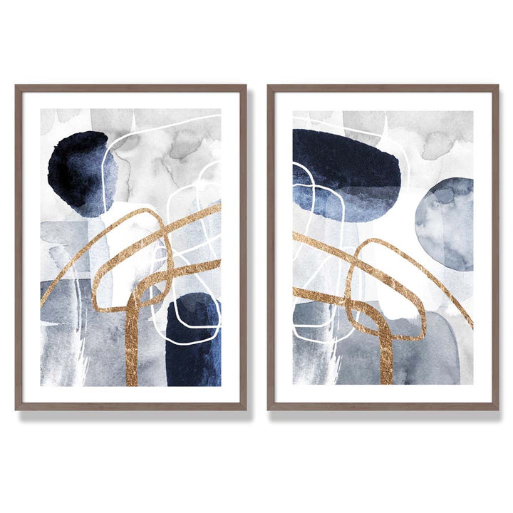 Blue and Gold Abstract Shapes Frame Set of 2 Art Prints | Bowlift