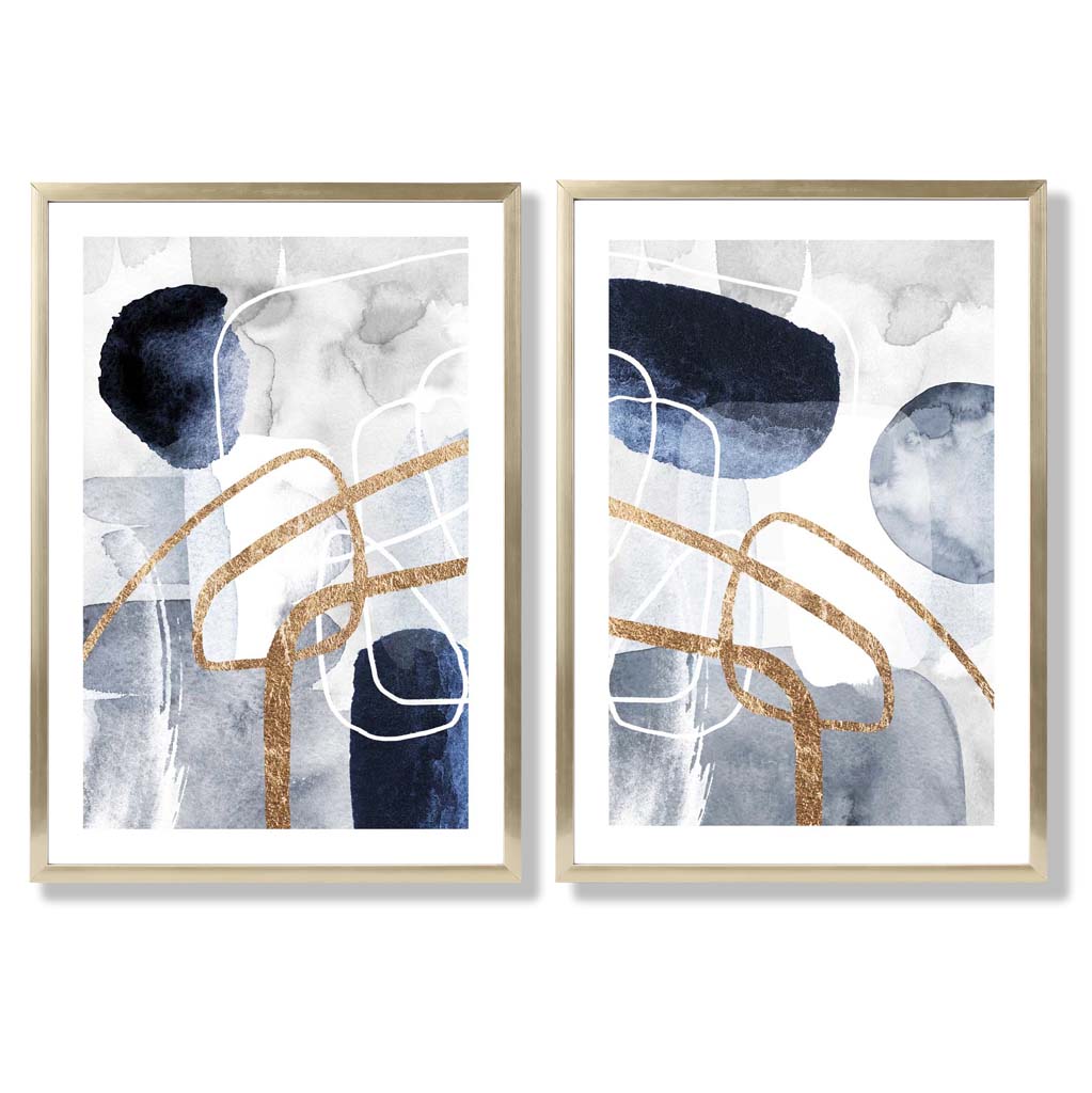 Blue and Gold Abstract Shapes Frame Set of 2 Art Prints | Bowlift
