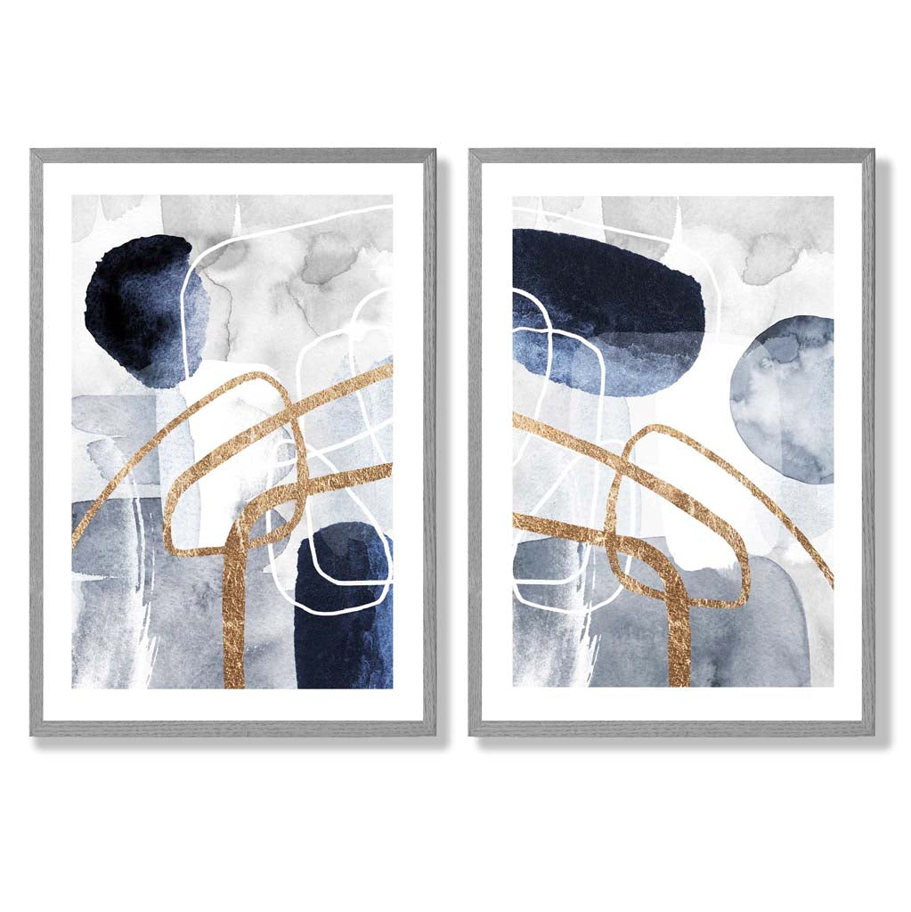 Blue and Gold Abstract Shapes Frame Set of 2 Art Prints | Bowlift