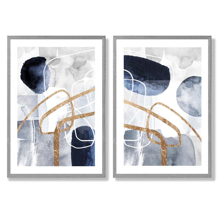 Blue and Gold Abstract Shapes Frame Set of 2 Art Prints | Bowlift