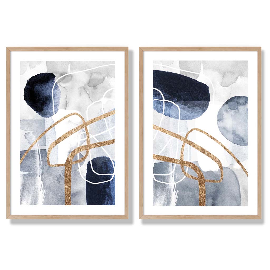 Blue and Gold Abstract Shapes Frame Set of 2 Art Prints | Bowlift