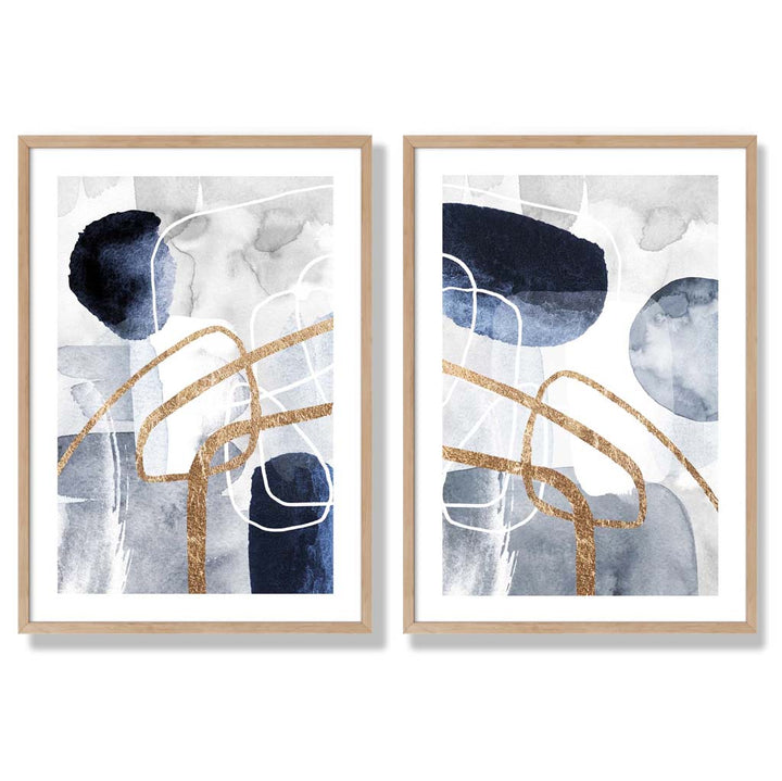 Blue and Gold Abstract Shapes Frame Set of 2 Art Prints | Bowlift