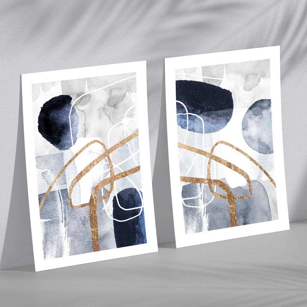 Blue and Gold Abstract Shapes Frame Set of 2 Art Prints | Bowlift