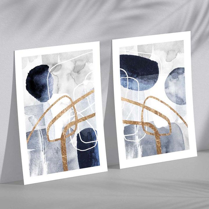 Blue and Gold Abstract Shapes Frame Set of 2 Art Prints | Bowlift