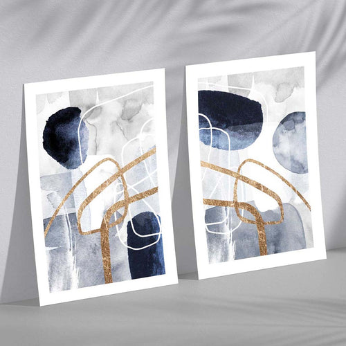 Blue and gold abstract shapes set of 2 art prints | Bowlift