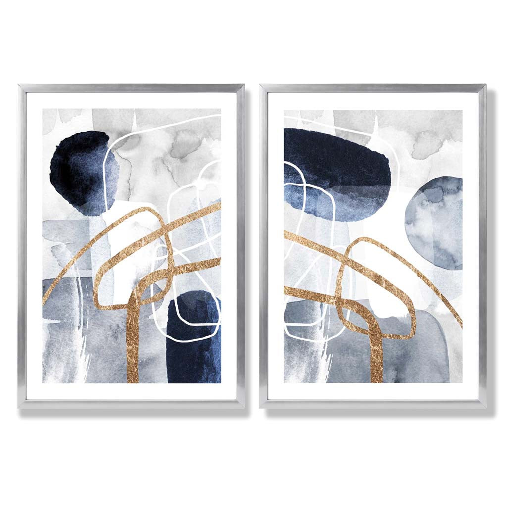 Blue and Gold Abstract Shapes Frame Set of 2 Art Prints | Bowlift