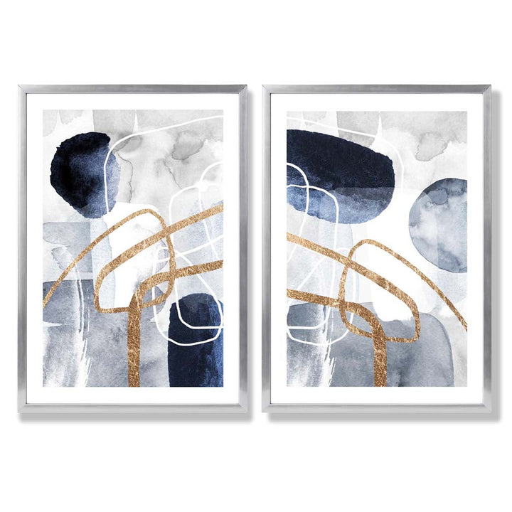 Blue and Gold Abstract Shapes Frame Set of 2 Art Prints | Bowlift