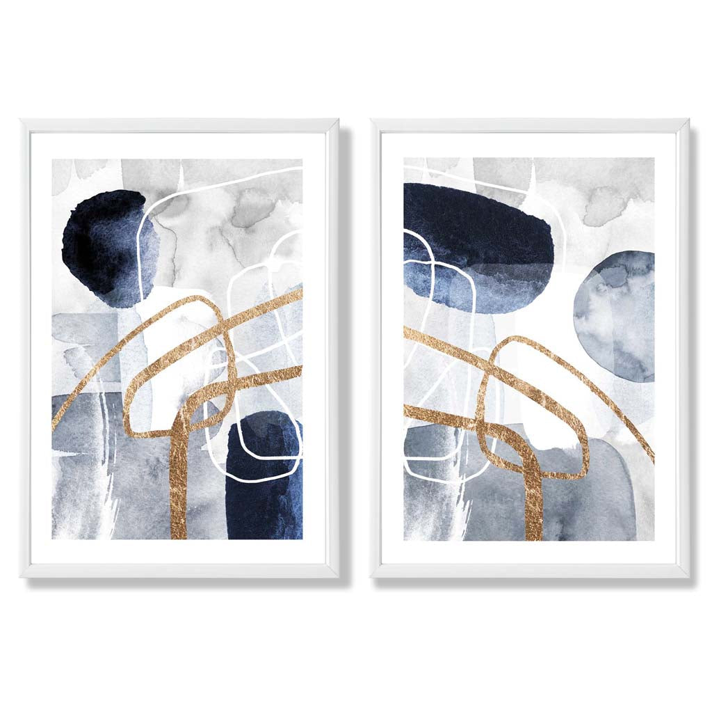 Blue and Gold Abstract Shapes Frame Set of 2 Art Prints | Bowlift