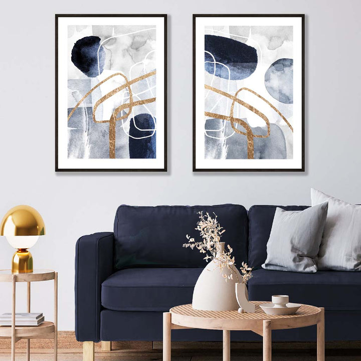 Blue and Gold Abstract Shapes Frame Set of 2 Art Prints | Bowlift