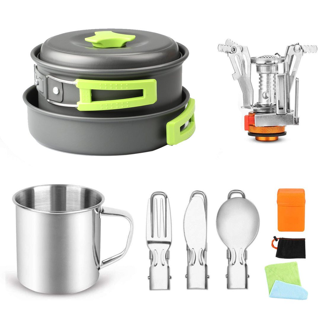 compact foldable camping cookware set with nesting nonstick pots portable folding gas burner stainless mug and folding utensils Bowlift