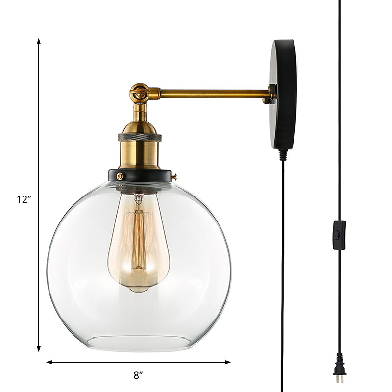 BowLift | Brass One Light Wall Sconce Vintage Style Clear Glass Bubble Lighting with Plug Cable