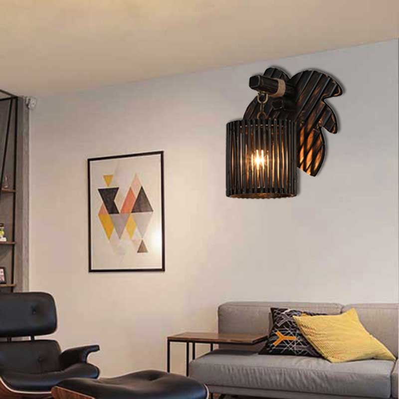 BowLift | Black Finish Cylindrical Wall Light Lodge Stylish 1-Light Bamboo Wall Light with Wood Leaf Back Plate