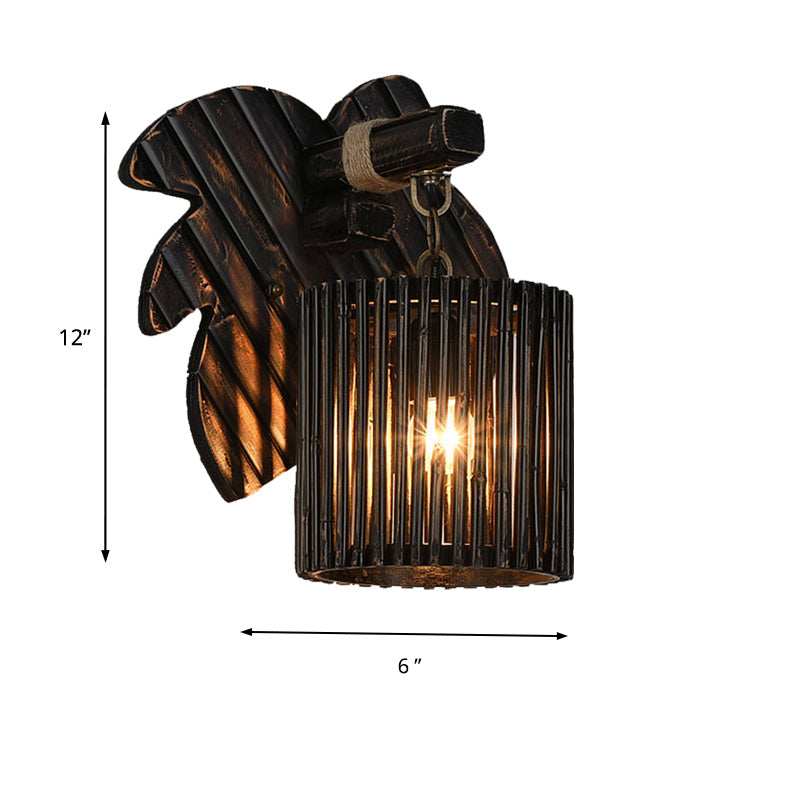 BowLift | Black Finish Cylindrical Wall Light Lodge Stylish 1-Light Bamboo Wall Light with Wood Leaf Back Plate