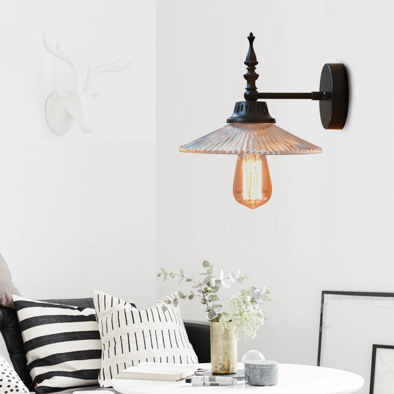BowLift | Clear/Green Glass Black Wall Light Cone/Wide Flare 1-Light Industrial Wall Lamp for Living Room