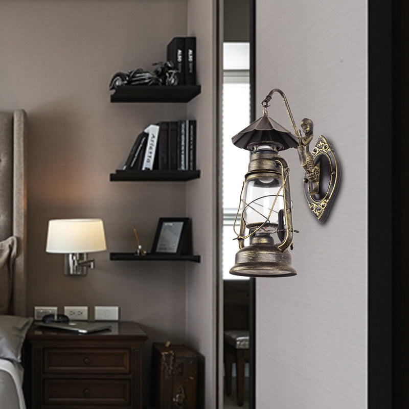 BowLift | Kerosene Clear Glass Wall Lamp Coast Single Bulb Living Room Sconces Lamp in Black/Antique Brass