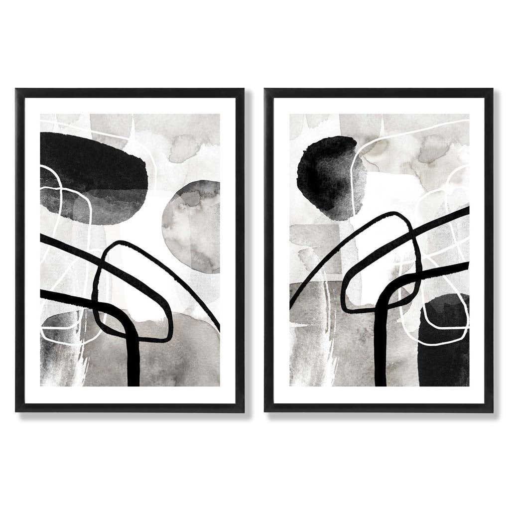 Black and Gray Abstract Shapes Framed Set of 2 Art Prints | Bowlift