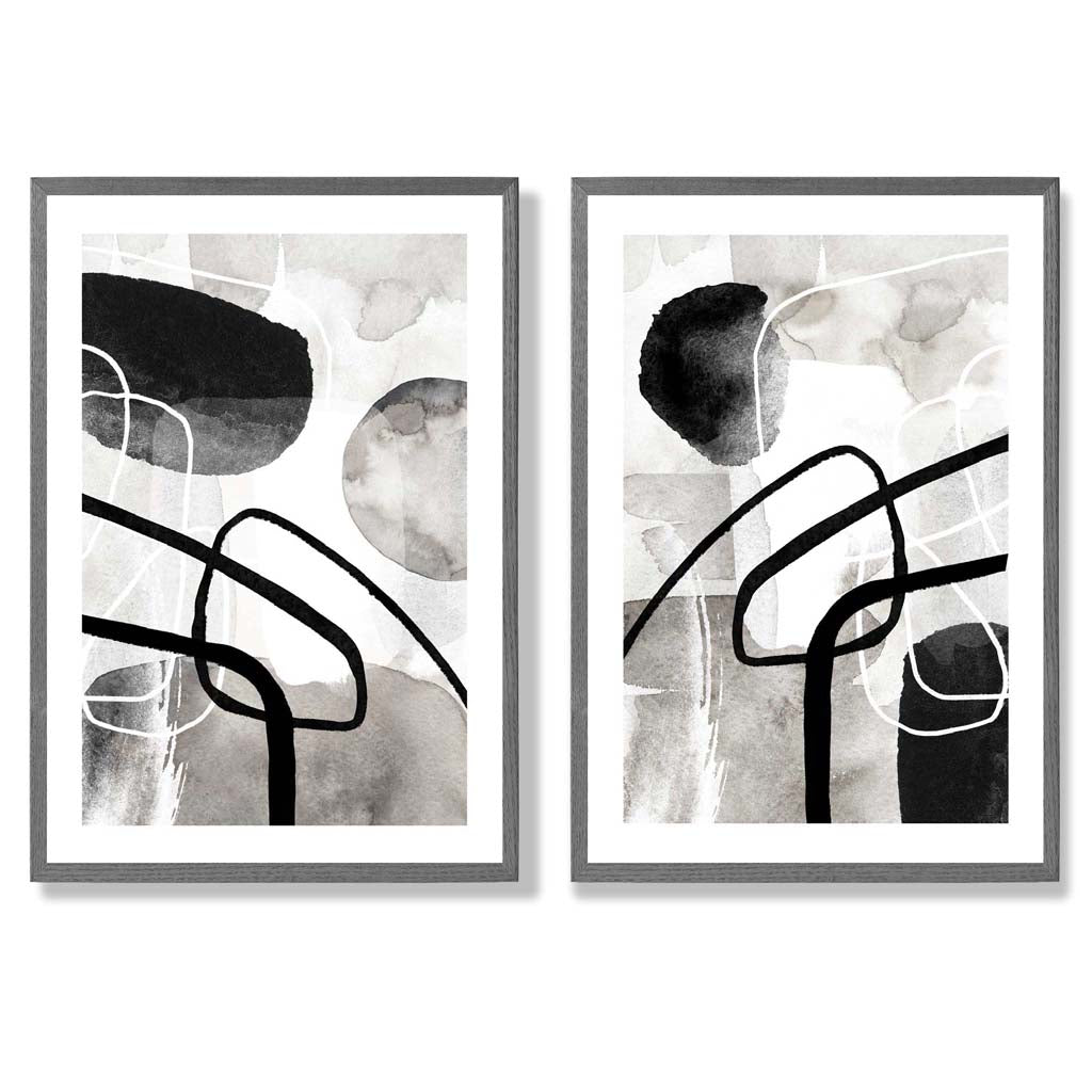 Black and Gray Abstract Shapes Framed Set of 2 Art Prints | Bowlift