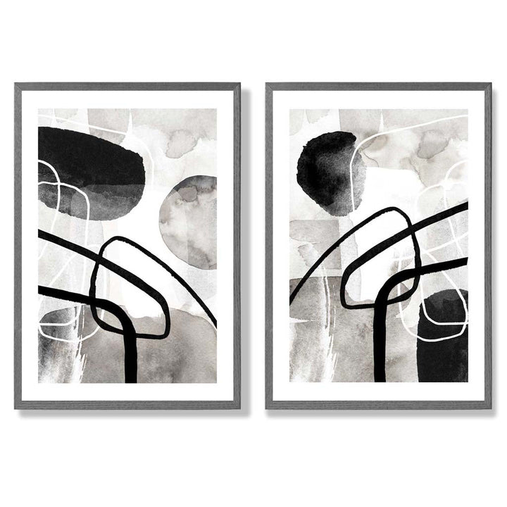 Black and Gray Abstract Shapes Framed Set of 2 Art Prints | Bowlift