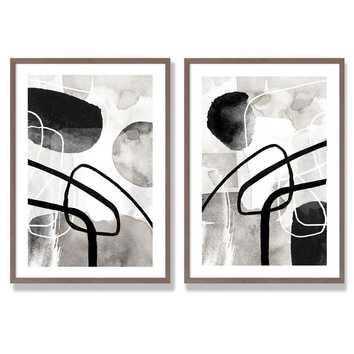 Black and Gray Abstract Shapes Framed Set of 2 Art Prints | Bowlift