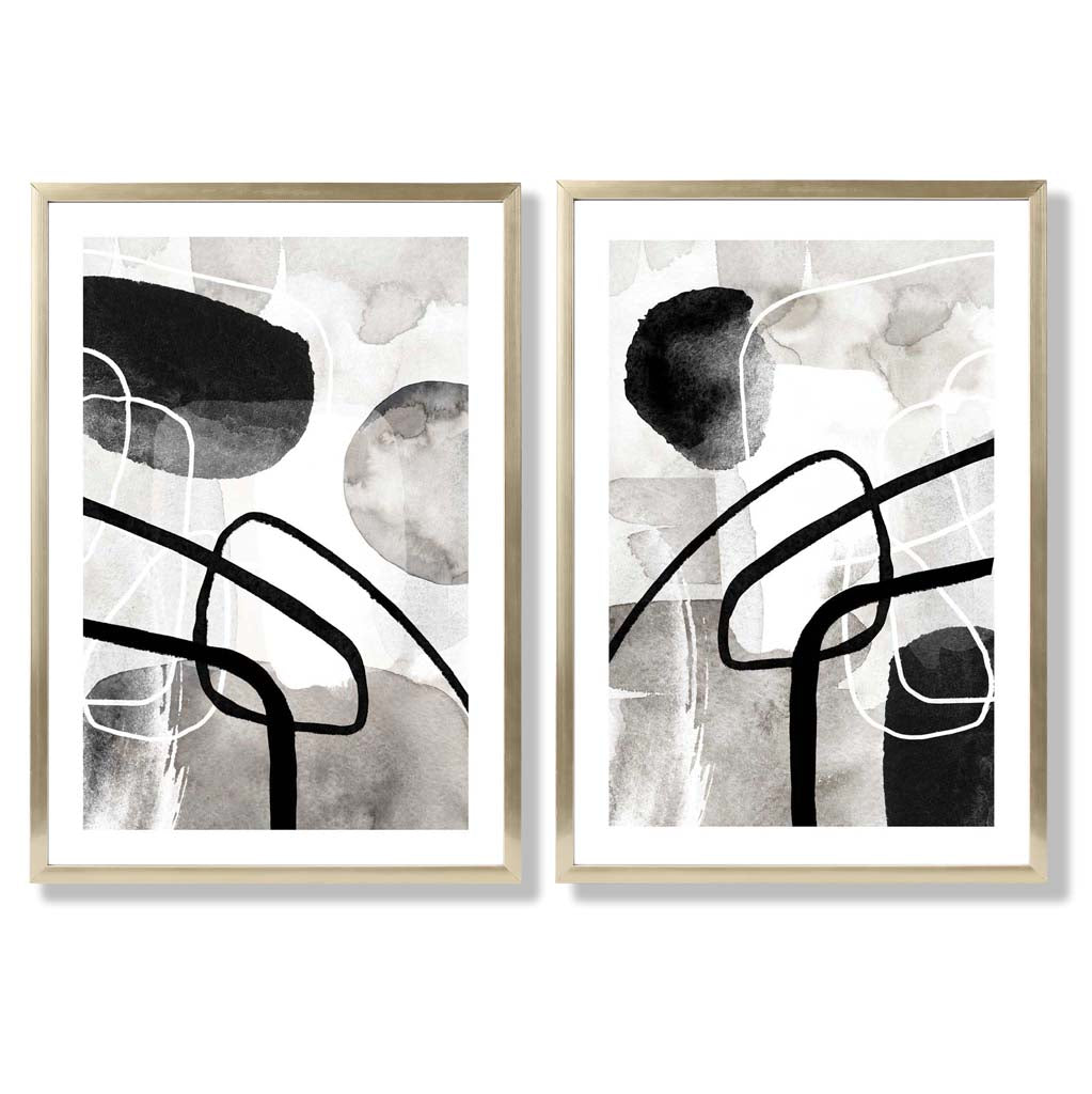 Black and Gray Abstract Shapes Framed Set of 2 Art Prints | Bowlift