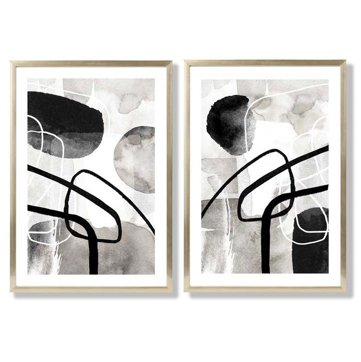 Black and Gray Abstract Shapes Framed Set of 2 Art Prints | Bowlift
