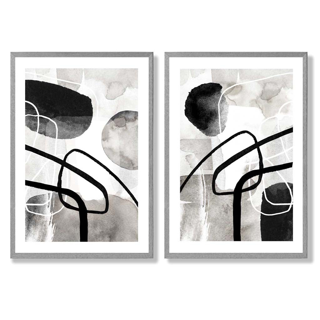 Black and Gray Abstract Shapes Framed Set of 2 Art Prints | Bowlift