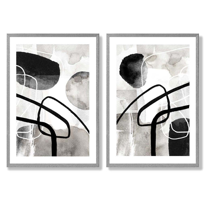Black and Gray Abstract Shapes Framed Set of 2 Art Prints | Bowlift