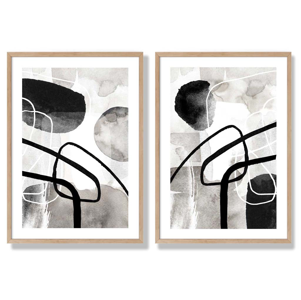 Black and Gray Abstract Shapes Framed Set of 2 Art Prints | Bowlift