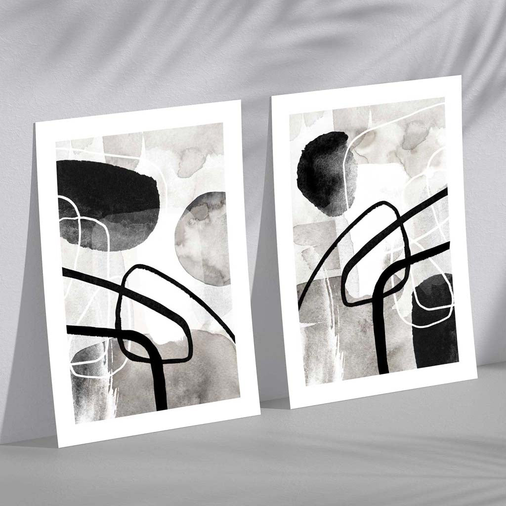 Black and Gray Abstract Shapes Set of 2 Art Prints | Bowlift