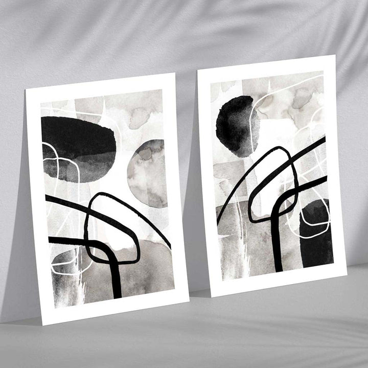Black and Gray Abstract Shapes Set of 2 Art Prints | Bowlift
