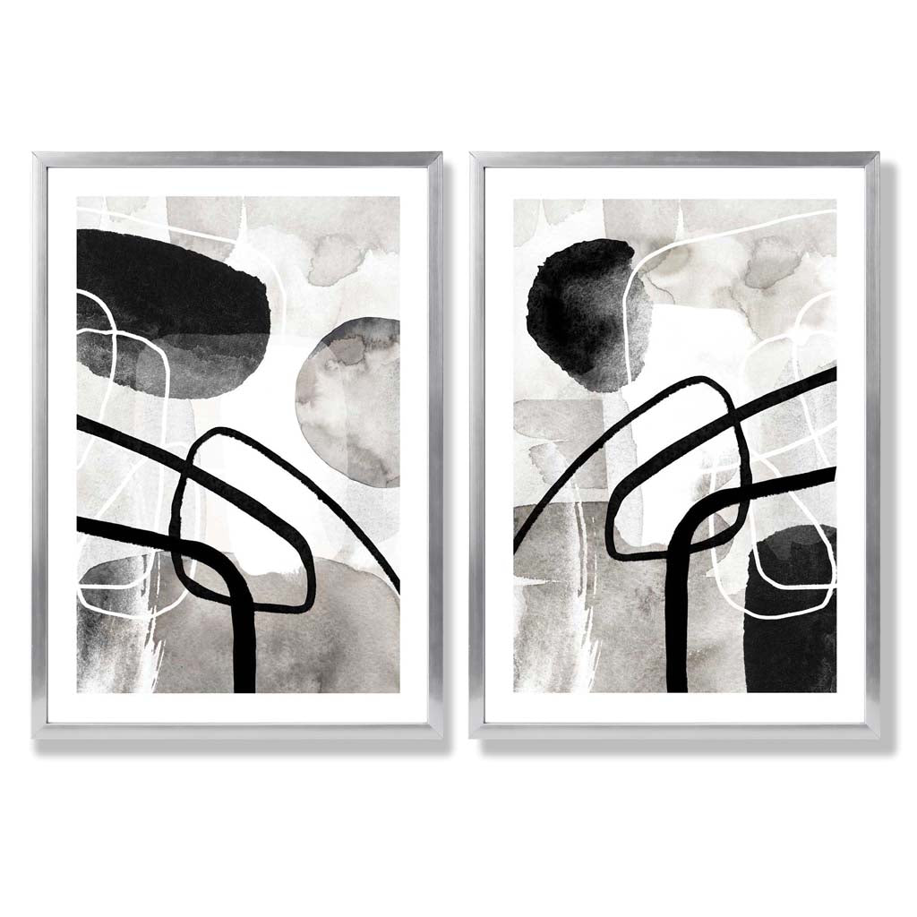 Black and Gray Abstract Shapes Framed Set of 2 Art Prints | Bowlift