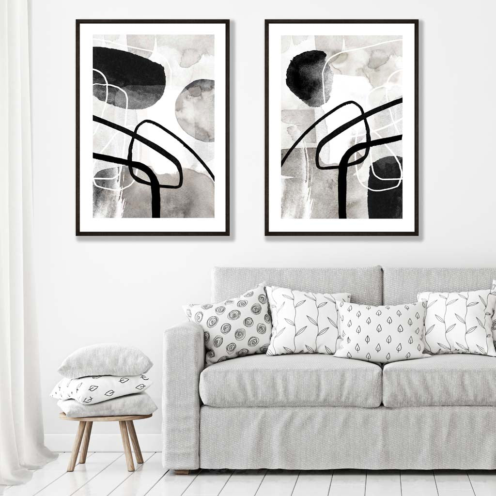 Black and Gray Abstract Shapes Framed Set of 2 Art Prints | Bowlift