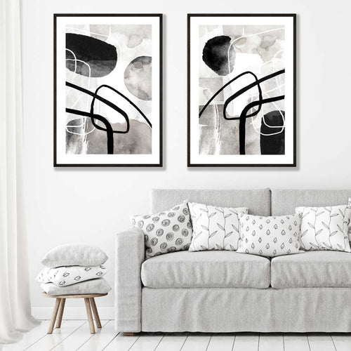 Black and Gray Abstract Shapes Framed Set of 2 Art Prints | Bowlift